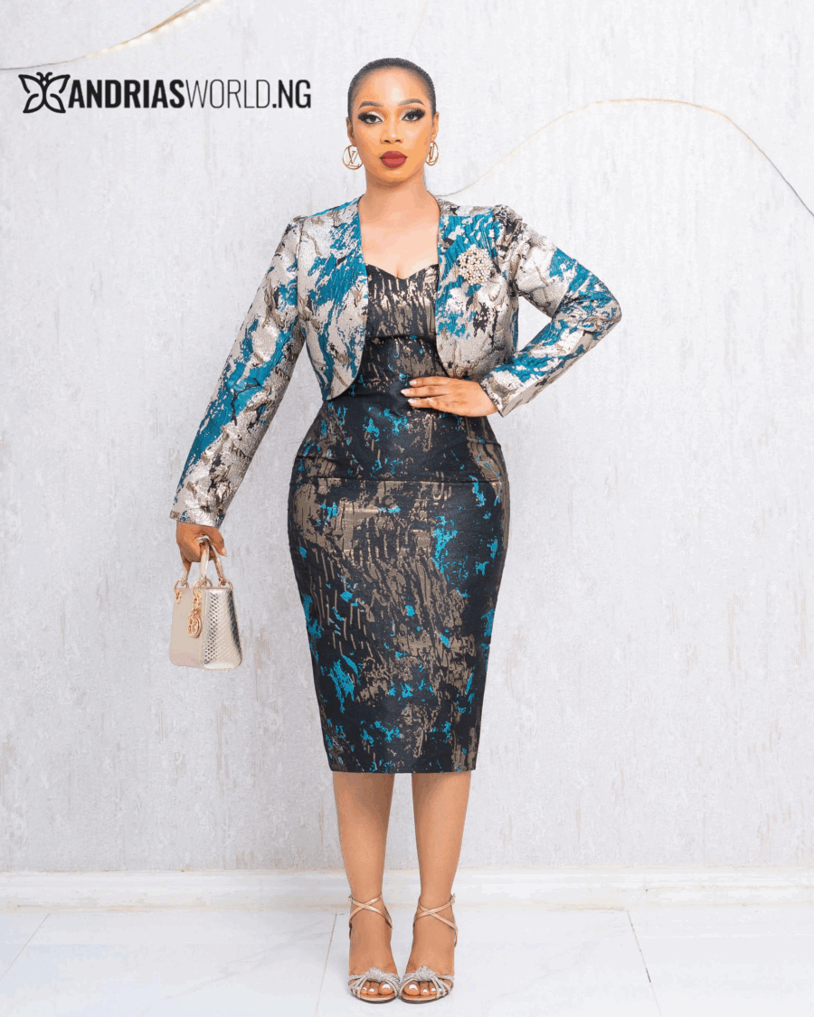 TEAL BLUE AND GOLD DAMASK DRESS SET